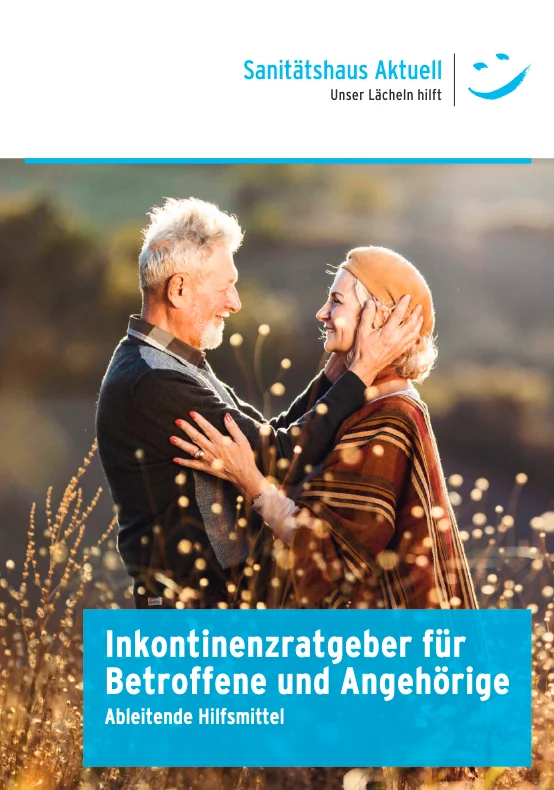 Titelbild „Inkontinenzratgeber“ mit älterem Paar in inniger Umarmung, Sanitätshaus Aktuell.
