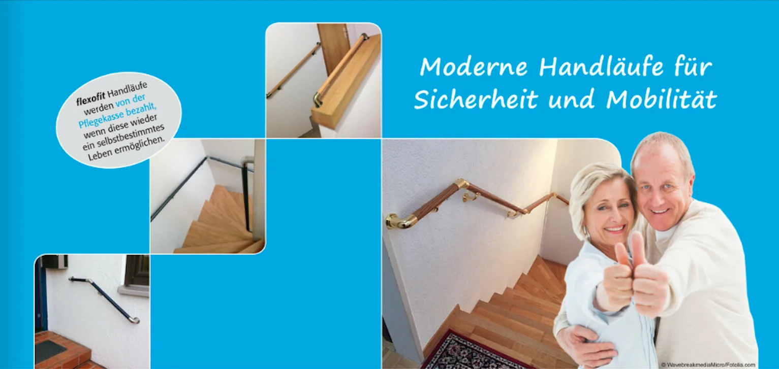 Werbebanner mit Handläufen an Treppen und älterem Paar, Thema Sicherheit.