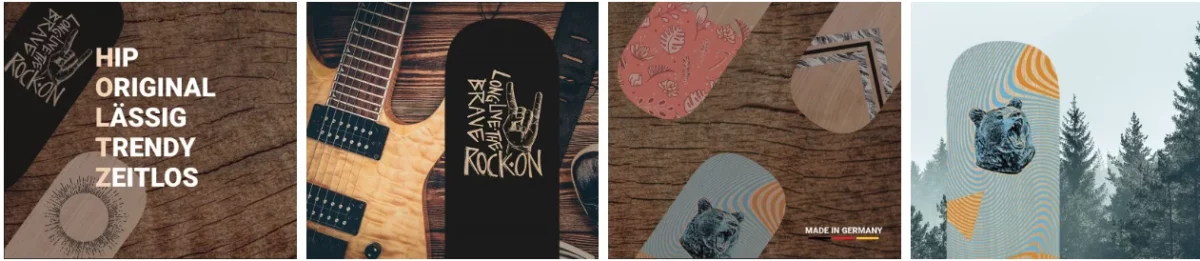 Skateboard-Decks mit verschiedenen Designs und Schriftzügen auf Holzuntergrund.