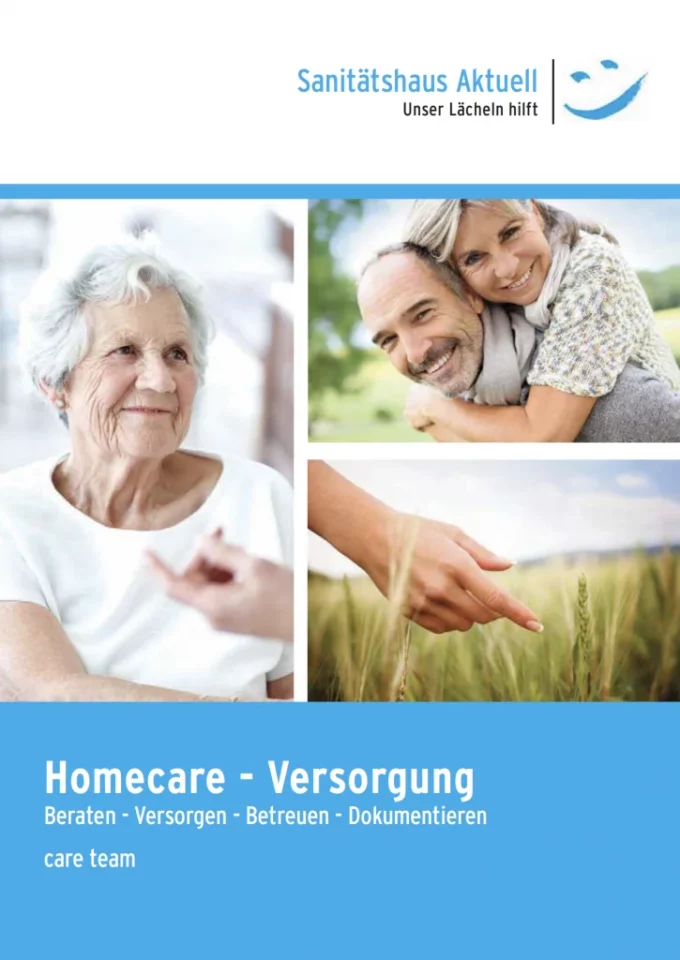 Titelbild „Homecare-Versorgung“ mit älteren Menschen, Paaren und Pflegesymbolen, Sanitätshaus Aktuell.