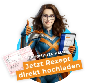 Illustrierte Figur „Hilfsmittelheld“ hält Rezept und Tablet mit Hinweis „Jetzt Rezept direkt hochladen“.